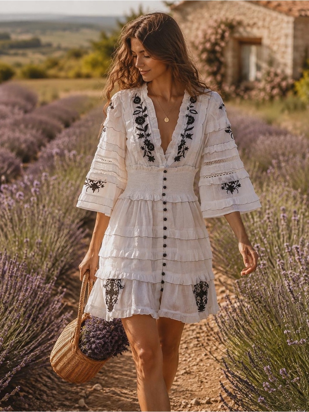 Anthropologie White Mini Dress with Black Floral Embroidery